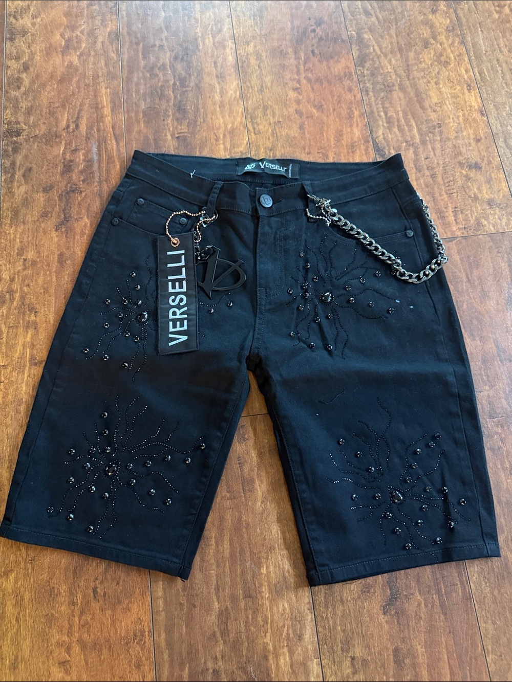 Valentino Black Embellished Men's Jean Shorts with Chain Detail